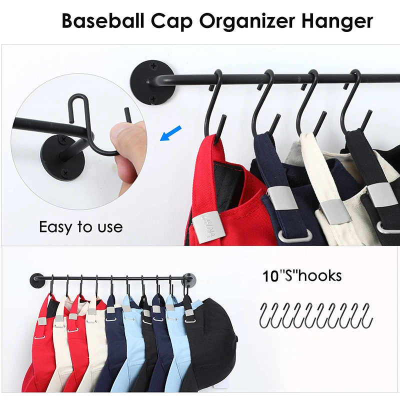 Wall Hanging Hat Rack with 10 Hooks Baseball Cap Display Organizer Modern Metal Hat Holder for Closet Door Bedroom Entryway