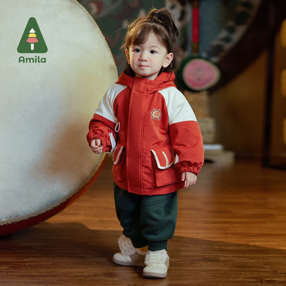 Amila Baby Children Coat 2024 Winter New Multicolour Hooded Cartoon Pattern Slight waterproofing Parsnip Warm  Baby Clothing