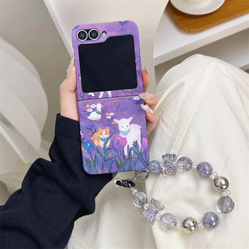 

Cute Animal Floral Phone Case For Samsung Galaxy Z Flip 6 5 4 3 Flip5 Flip6 Flip4 5G Cover with Chain Strap Cartoon Cases Funda
