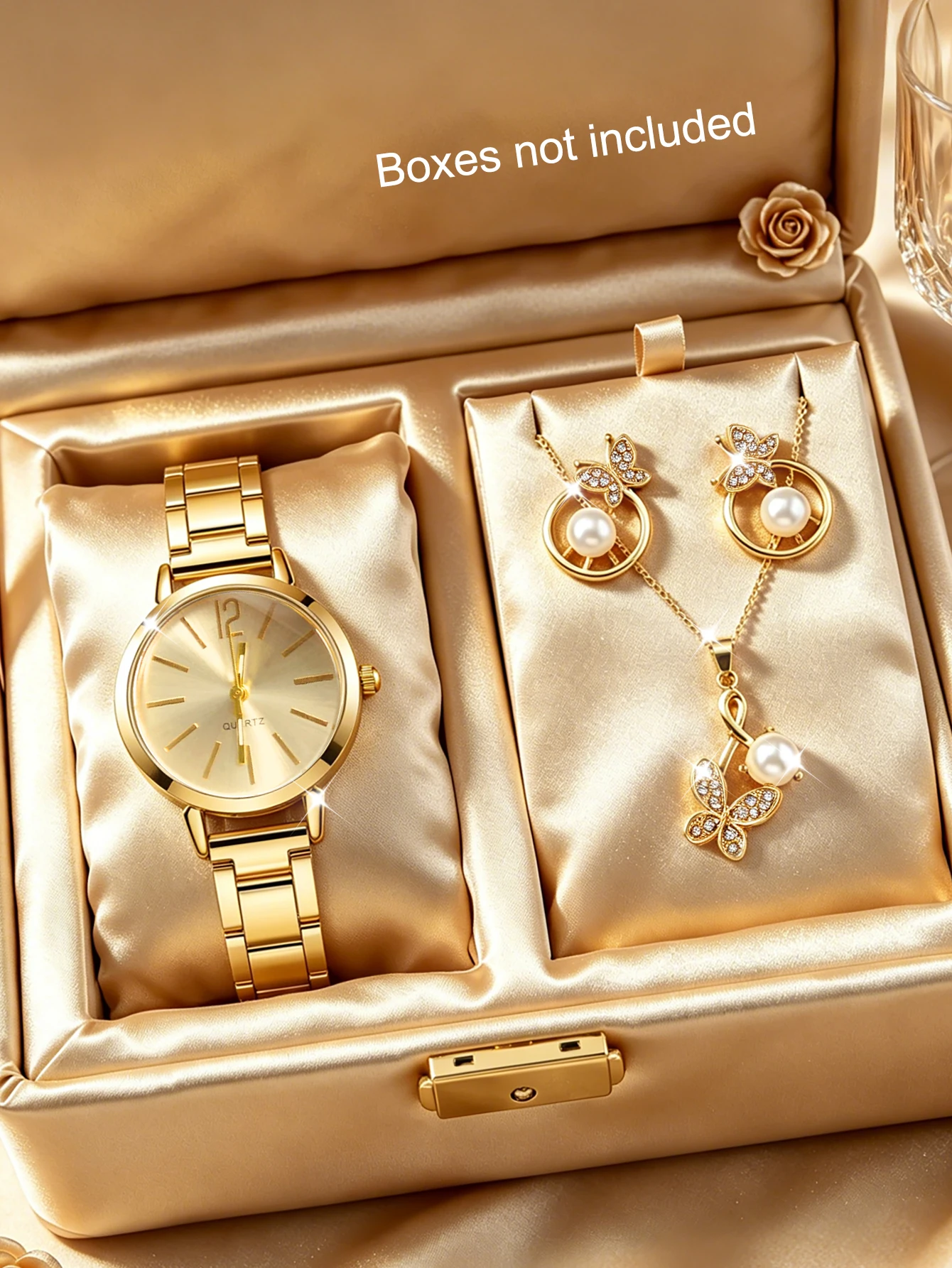 4-Piece Set, Women's Round Dial Quartz Watch Paired with a New Jewelry Set, Suitable for Various Occasions, Workplace Commuting, Parties, Banquets, a Beautiful Accessory for Women.