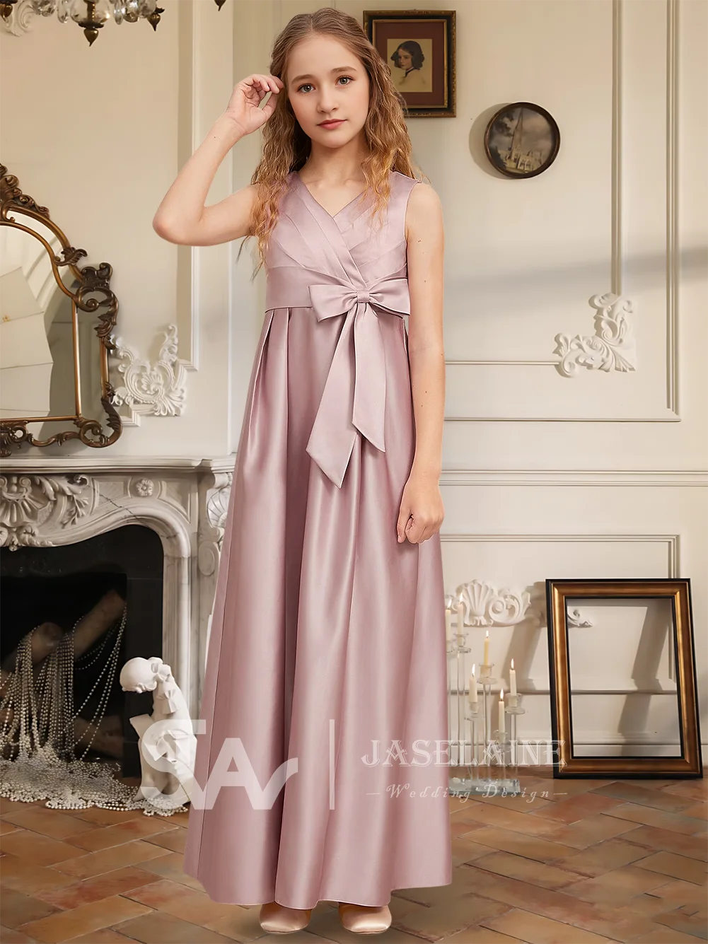 Elegante abito da damigella d'onore junior in raso con scollo a V e lunghezza al pavimento, abito da ragazza di fiori, fiocco, festa, matrimonio, occasione speciale formale