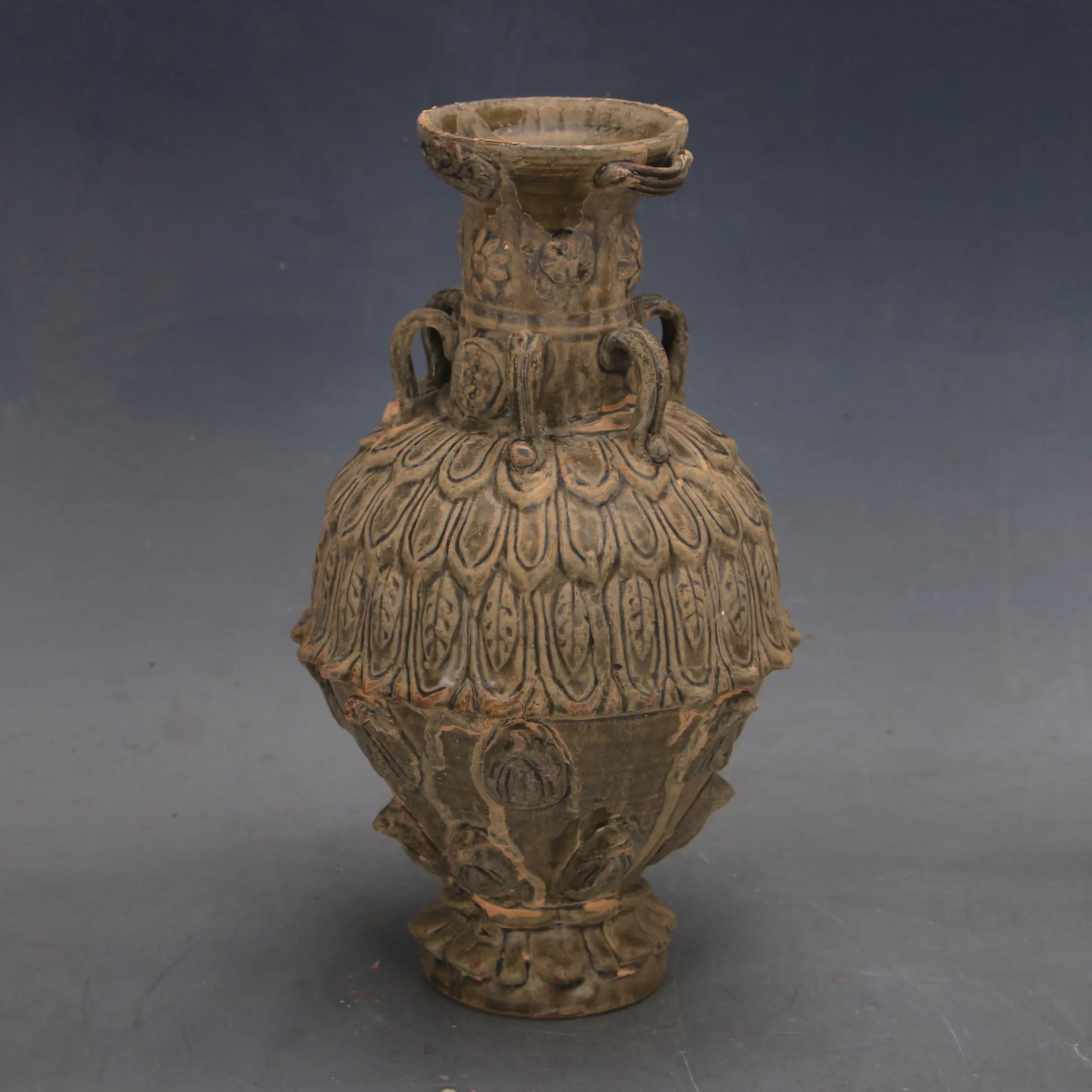 Tang Dynasty Style Yue Kiln Celadon Glaze Hand Pinched Drum Nail Lotus Zun Vase Vintage Chinese Home Decor Collectible