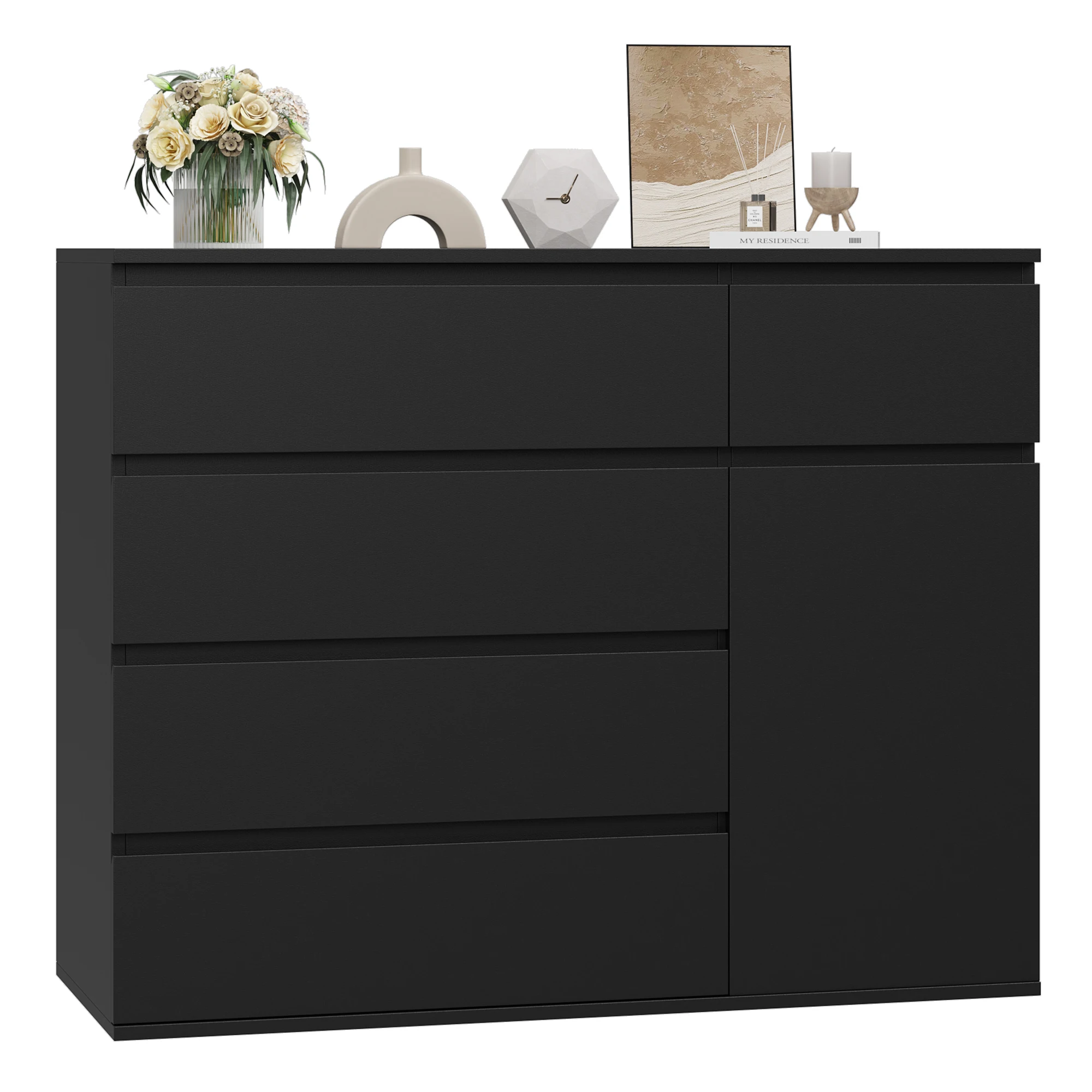 Getone Witte Ladekast Slaapkamer, Hoge Ladekast met 5 Laden 1 Deur, Slaapkamermeubilair Dressoir Opbergkast Kast Slaapkamer Dressoir, voor Eetkamer Woonkamer Hal 100x80x40cm Wit/Zwart