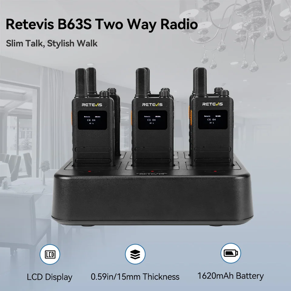 Retevis B63S (3. Generation RT22) Mini-Walkie-Talkies PMR446/FRS Slim LCD-Bildschirm wiederaufladbar für Restaurant Boutique Store (6er-Pack) – Detail 2