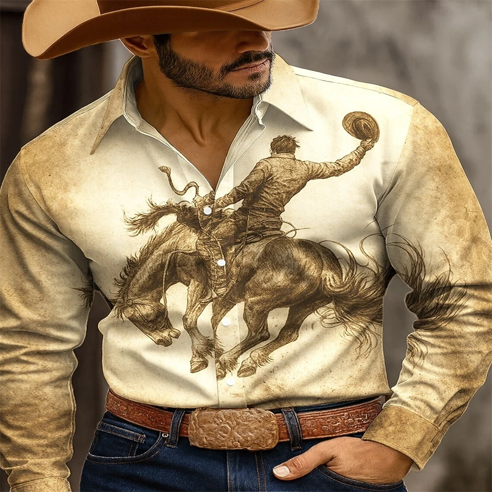 Men Vintage Western Cowboy Long Sleeve Shirt Retro Bronco Rider Horse Print Lapel Button Up Beige Casual Country Rodeo  Shirt