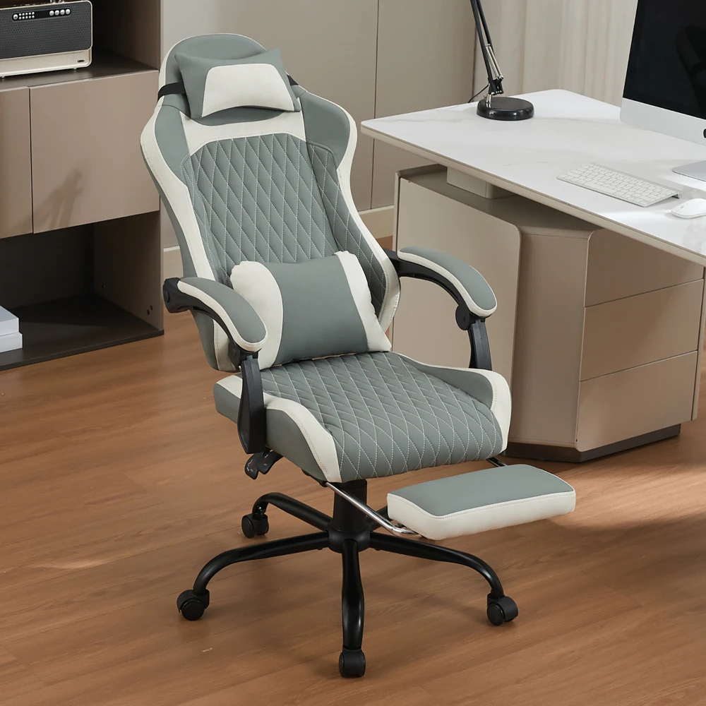 Fauteuil de gaming et de bureau ergonomique en cuir protéiné respirant, repose-pieds, piètement en acier et roulettes silencieuses, fauteuil de bureau pivotant à 360° pour le télétravail et le gaming, très résistant
