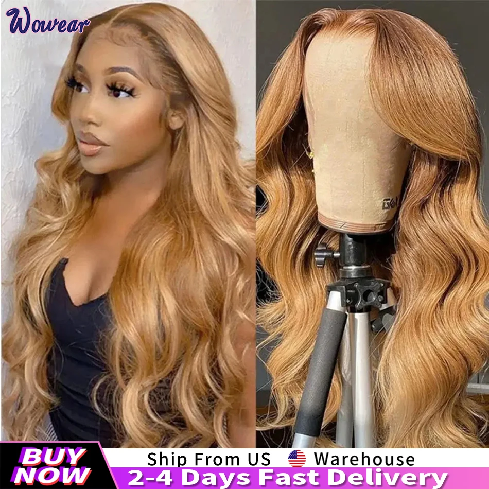 

13x4 Transparent Honey Blonde Lace Frontal Wigs 27# Colored Lace Front Human Hair Wigs 13x6 Body Wave Human Hair Wigs For Women