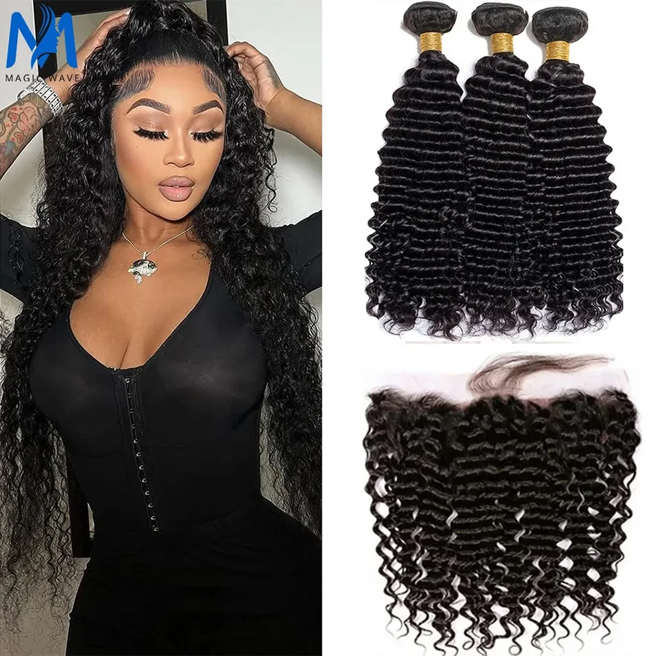 Deep Wave Bundles with Lace Frontal 100% Unprocessed Brazilian Virgin Human Hair 3 Bundles With 13x4 HD Lace Frontal  Natural 1B