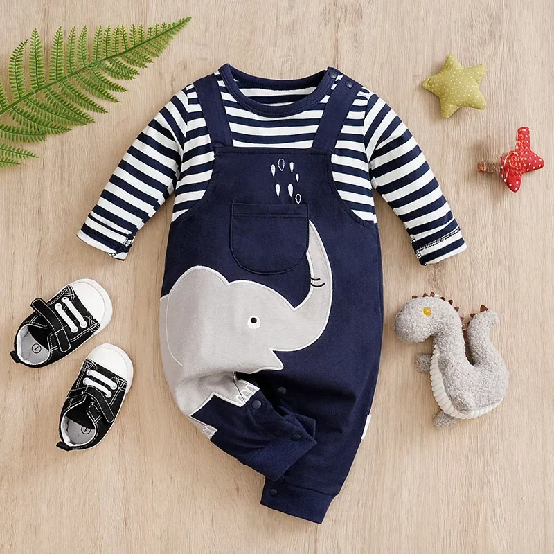 Chłopcy dziewczęta unisex noworodek Onesies Romper 0-18 miesięcy odzież dla maluchów niemowlę z długim rękawem w paski słoń bawełniany kombinezon — zdjęcie 2