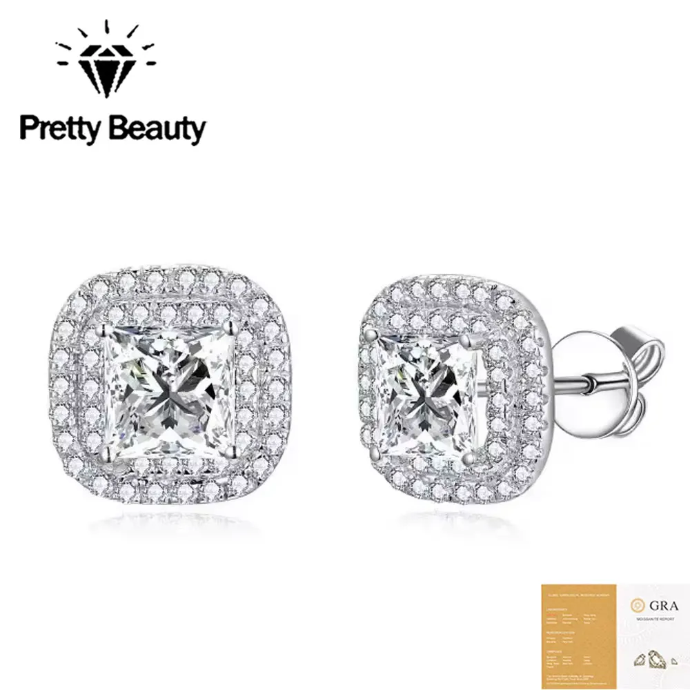 Pretty Beauty Moissanite Stud Earrings for Women S925 Silver 1CT Princess Cut Square Double Halo Diamond Hypoallergenic Jewelry