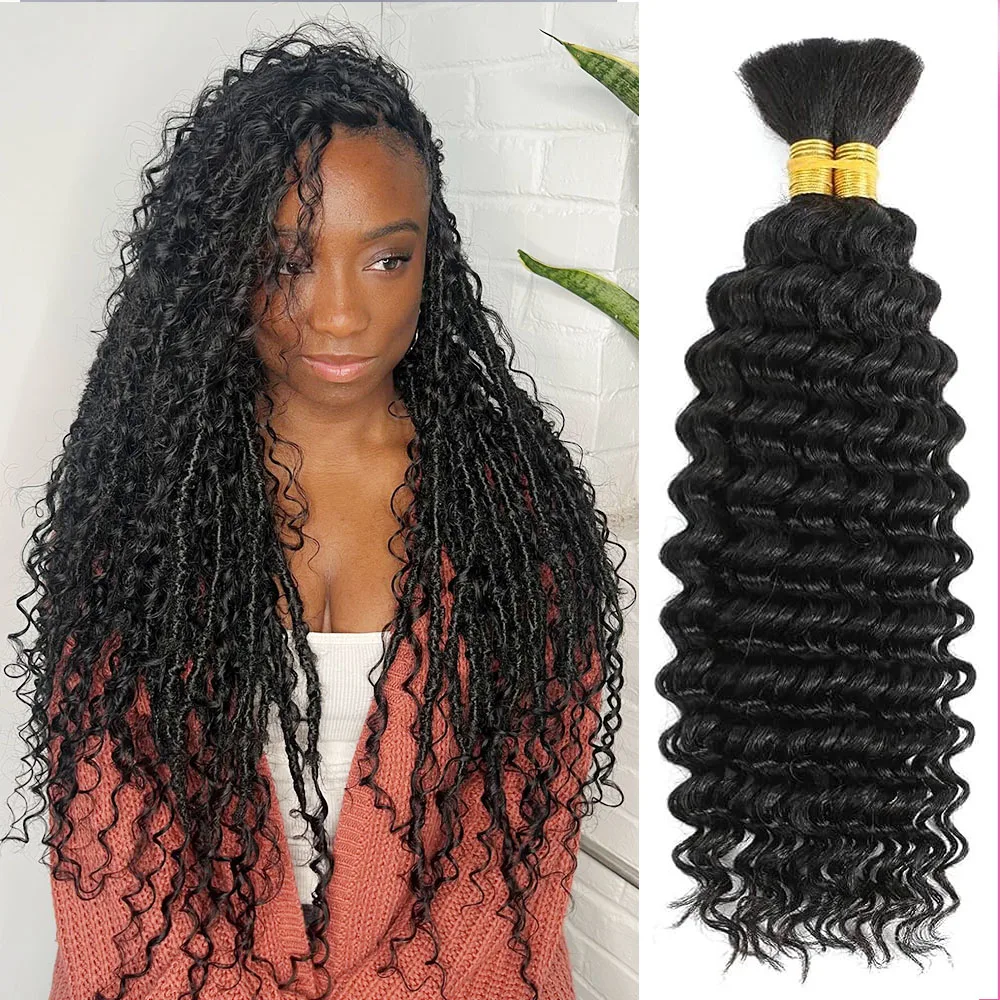 Extensions brésiliennes de cheveux humains pour tressage Boho, vague profonde bouclée, cheveux en vrac pour tressage, pas de faisceau de trame