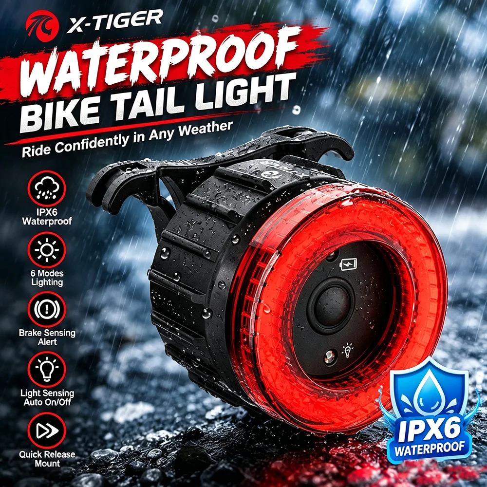 X-TIGER fanale posteriore intelligente ricaricabile per bicicletta, sensore di freno e accensione/spegnimento automatico fotosensibile, impermeabile IPX6, ricarica Type-C, 6 modalità di illuminazione,