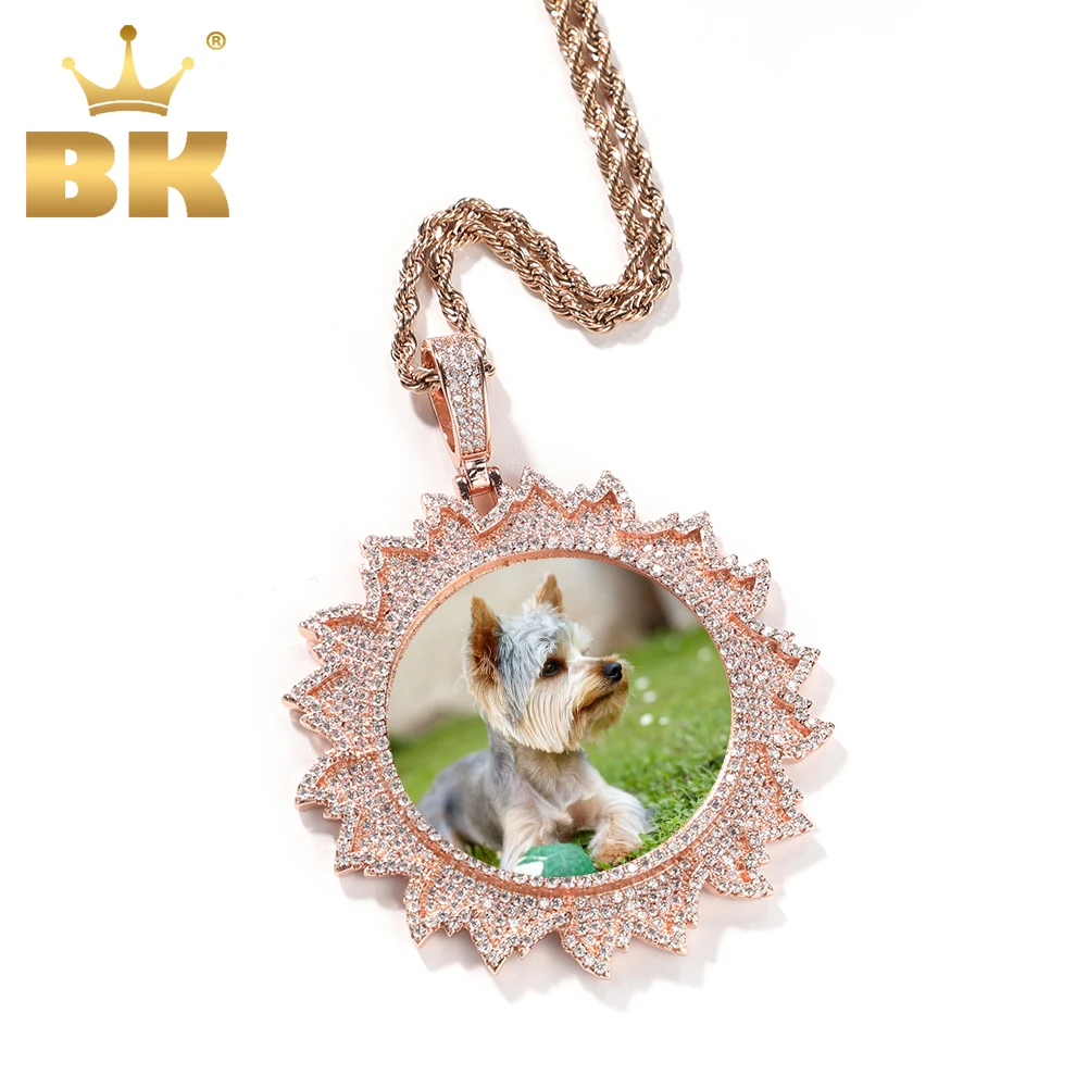 THE BLING KING Custom Photo Memory Pendants Full Iced Out Cubic Zirconia Soild Back Engrave Name Round Tag Hiphop Jewelry