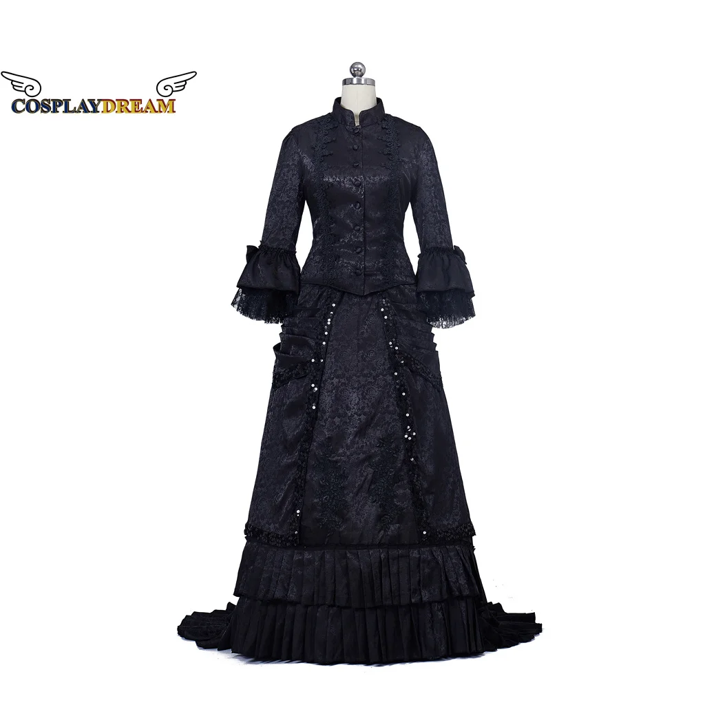 18th Century Medieval Victorian Dresses Masquerade Black Bustle Dress Ball Gowns Reenactment Costume Victorian Mourning Dress