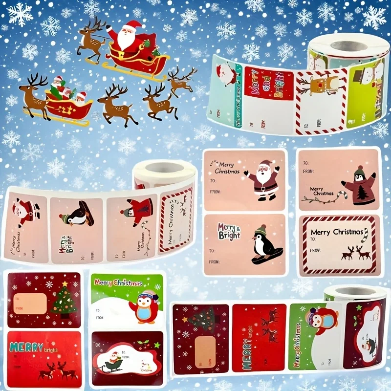 Self-Adhesive Christmas Gift Label Stickers 200 Count To & From Holiday Present Tags Santa Reindeer Snowman Design For Gift Packaging