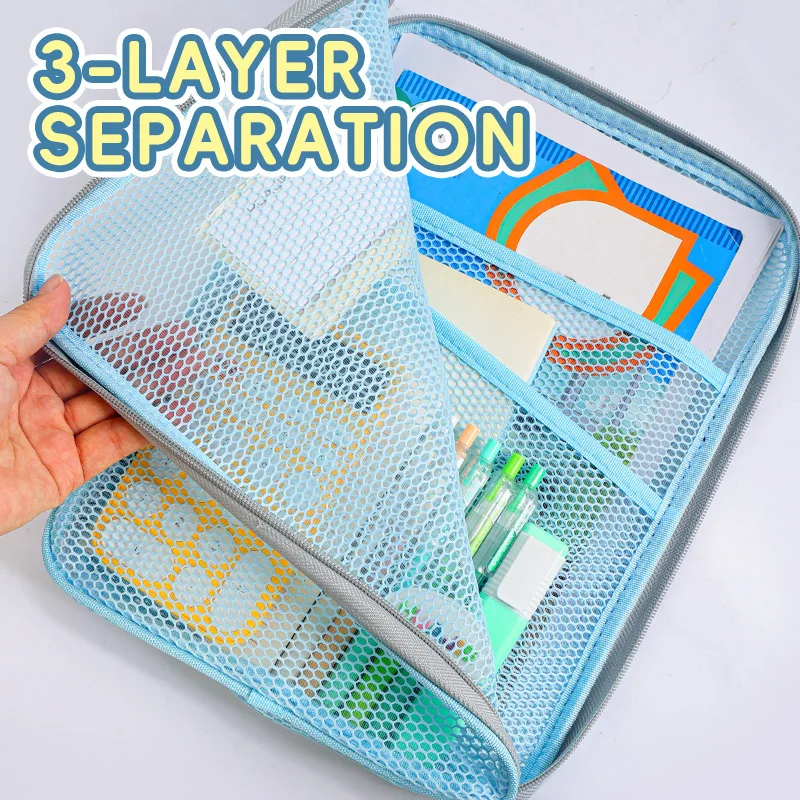 HUAJIE L-Shaped Large Opening Mesh File Bag, Multi-Layer Zipper, Transparent Exam Paper Folder, Portable Storage for Students