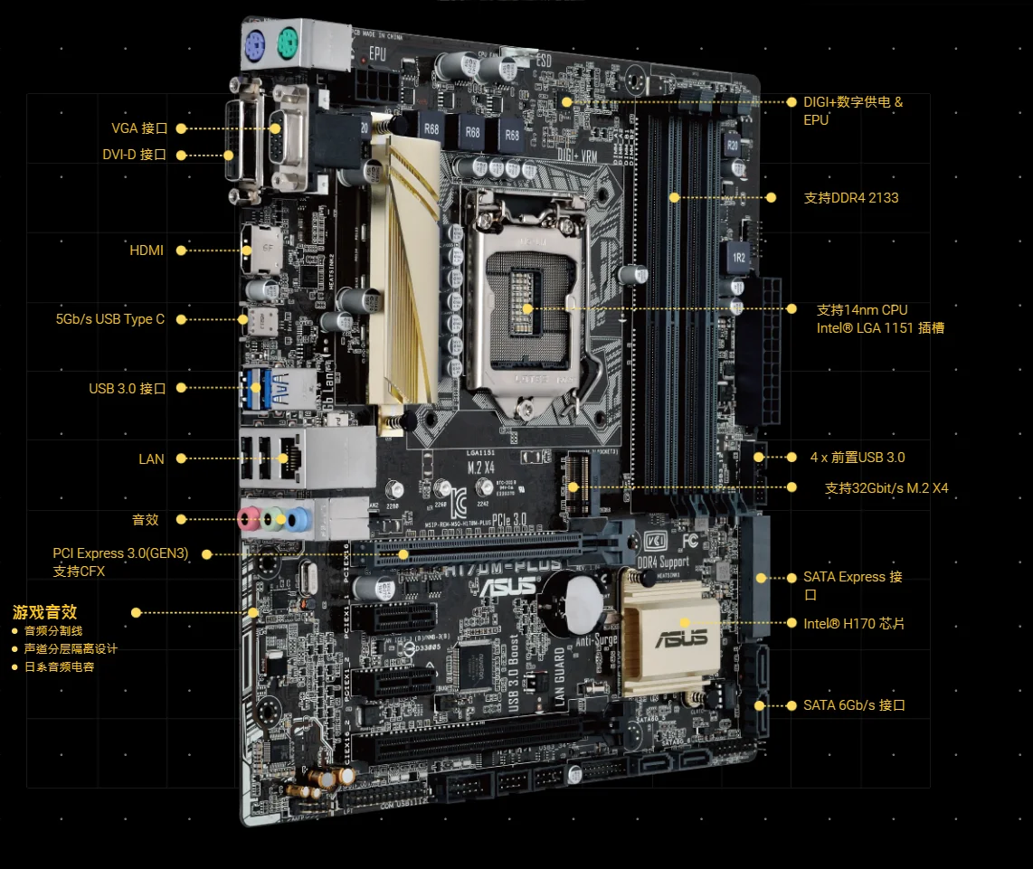 ASUS H170M-PLUS Motherboard 1151 Motherboard DDR4 Support Core i7 7700K Cpus Intel H170 Chipset M.2 SATA3 PCI-E 3.0 64GB USB3.0