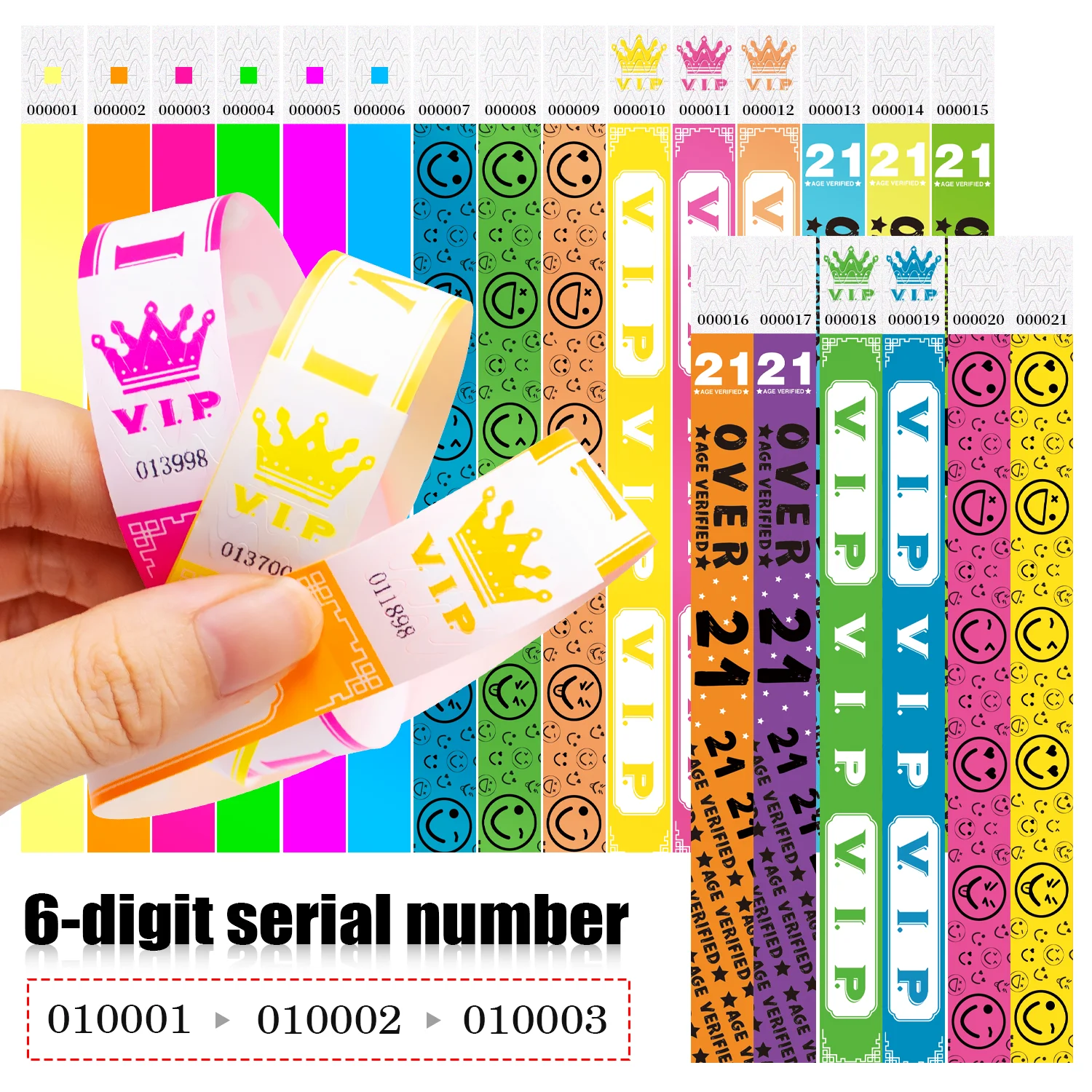 1000pcs Waterproof & Tearproof Fluorescent Disposable Wristbands - Smiley Face VIP Paper  Anti-tamper Identification Bracelets