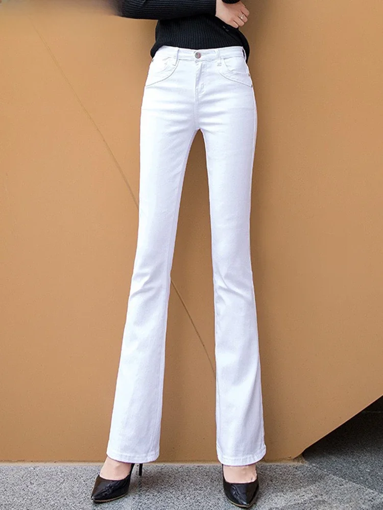 Damskie białe spodnie jeansowe 80% bawełny Flare Mom's Fomal Skinny Stretch Jeans Trend Candy Color Slim Cowboy Trousers OL Pantalones — zdjęcie 2