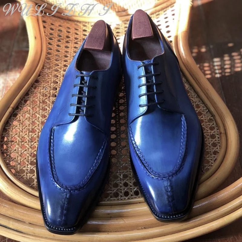 Dark Blue Designer Square Toe Cowhide Business Formal Derby Shoes Imported Leather Sole Men Shoes Handmade Lace Up Wedding Shoes