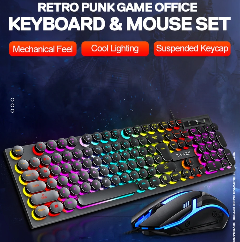 

Russian Keyboard with Russian English Letter 100% Keyboard Mouse Kit Translucent Keycaps Backlight Punk Round Keycap Wired TF270