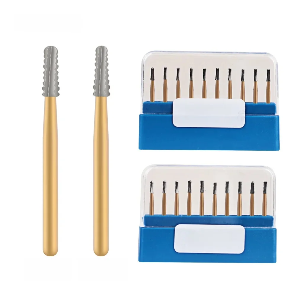 FG1957/FGrider-Fraises dentaires en carbure, 10 pièces/boîte, couronne en acier au tungstène doré à grande vitesse, outils dentaires