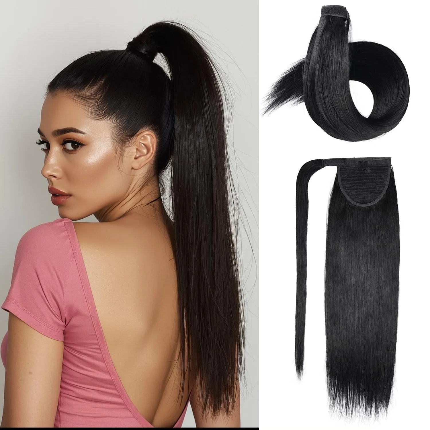

Drawstring Ponytail Extensions Human Hair for Women, Long Straight 18 Inch Natural Black Wrap Around Clip in Ponytail