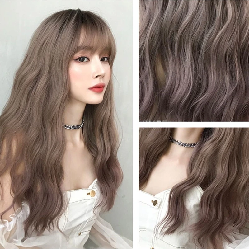 

58CM Wig Long Hair Slightly Curly Wavy Female Gradient Brown Natural Fluffy Overall Top Hair Lolita Wig Cosplay Synthetic Wig