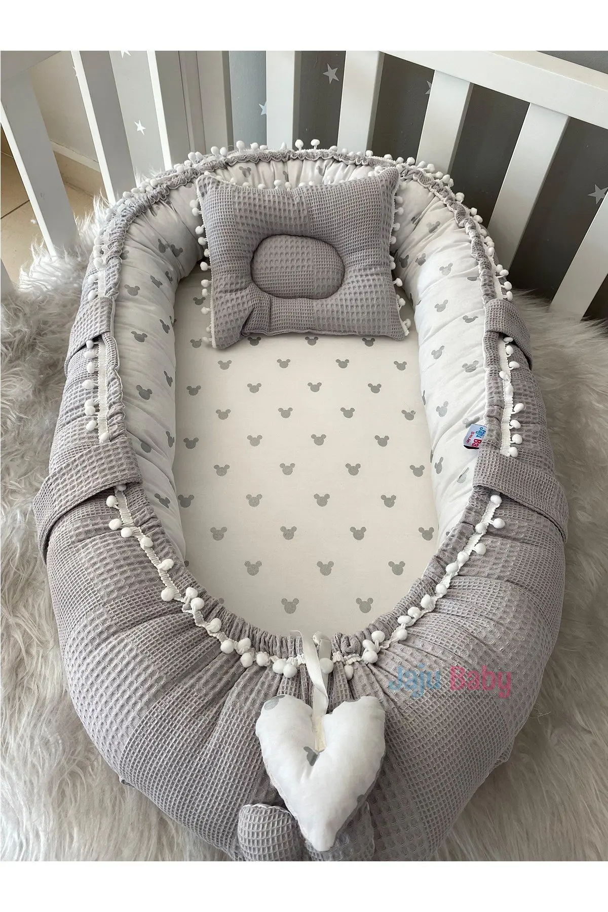 

Handmade Gray Waffle Pique Fabric Mickey Design with Pompom Babynest