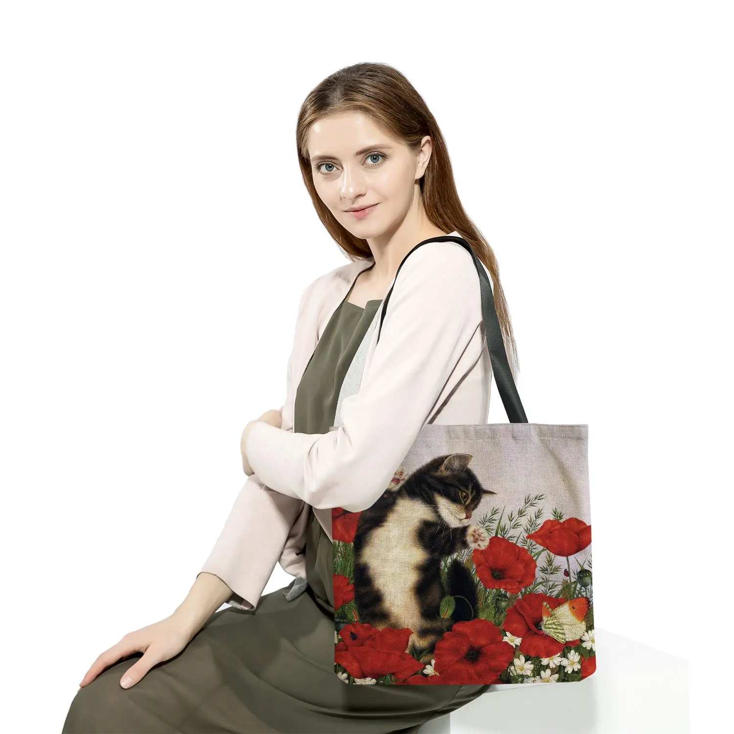 High Capacity Animal Cat Flower Eco Friendly Handbags Women Shoulder Bag Outdoor Beach Travel Tote Bag Cartoon Print Tote Bag