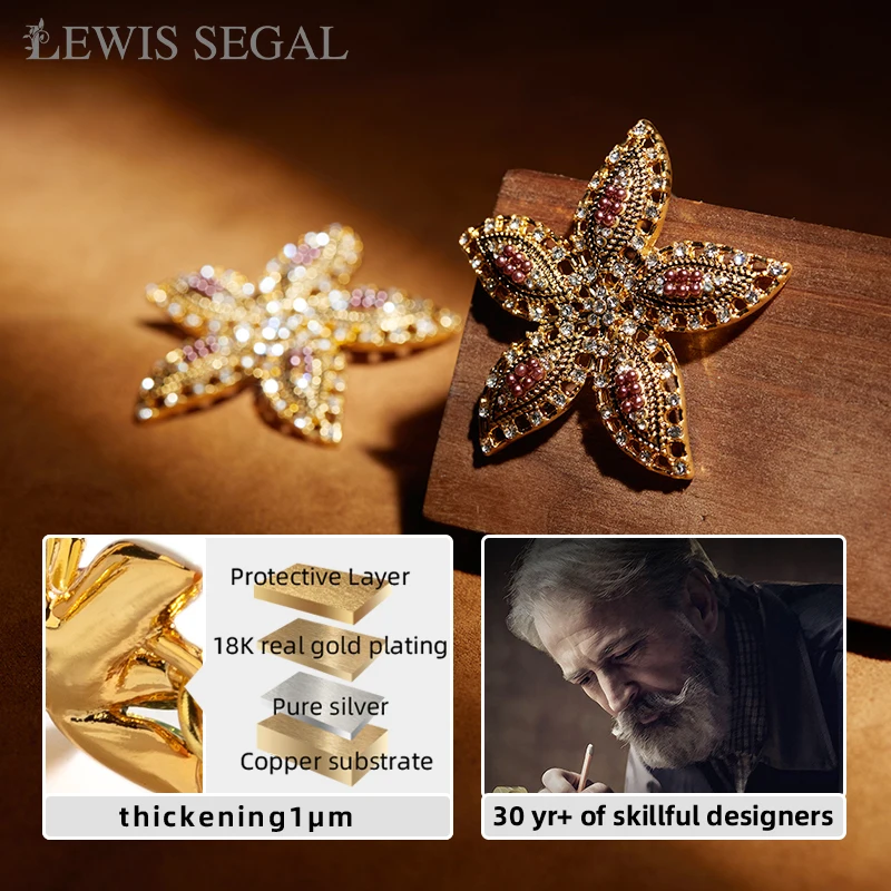 LEWIS SEGAL-Boucles d'oreilles à tige de fleur creuse vintage pour femme, broche trempée, bijoux fins, or 18 carats, étoile de mer, luxe, style médiéval