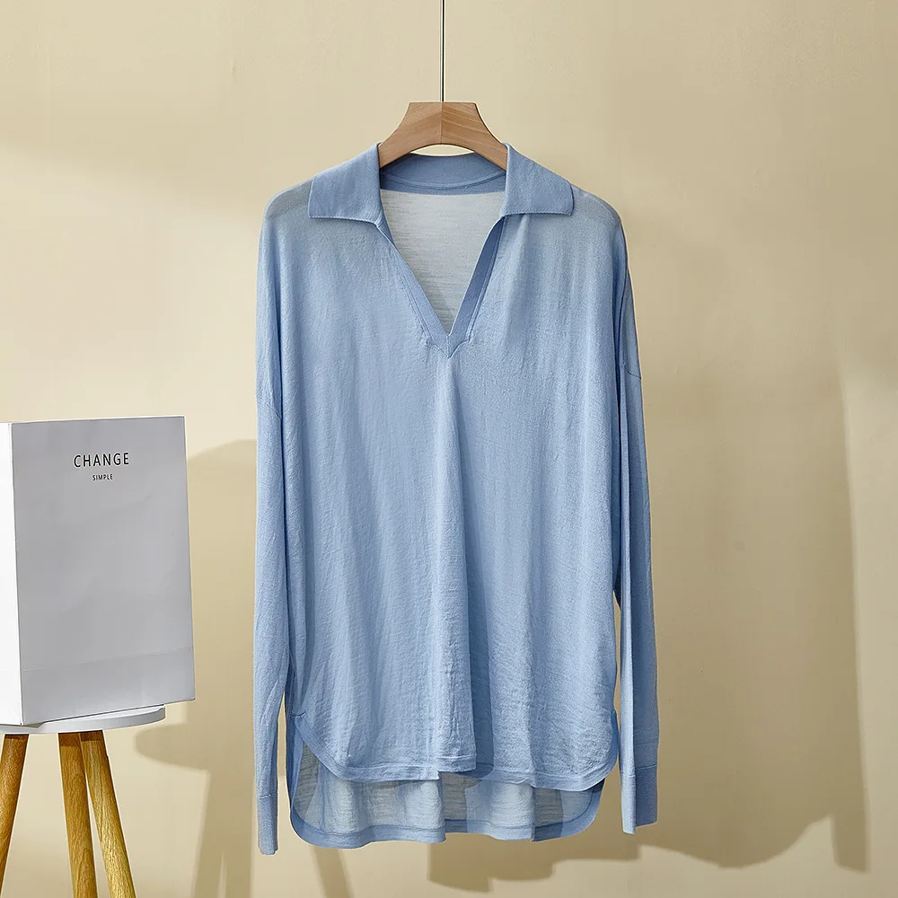 Damen Frühling/Sommer Neue Wolle Top Vorne Kurz Hinten Lange Gestrickte Langarm Pullover