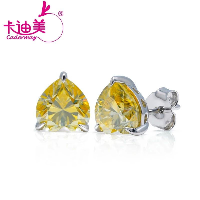 CADERMAY Heart Shaped Yellow Silver Stud Earrings 4 Carat Moissanite High Jewelry Gifts for Women