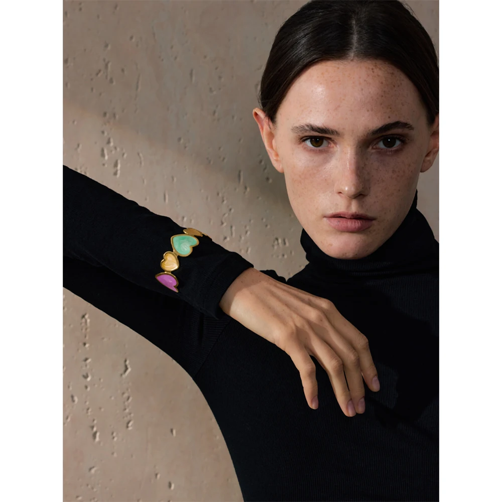 Yhpup Candy Colorful Enamel Heart Love Cuff Sweet Bracelet Bangle for Women Stainless Steel Golden Trendy Y2K Exquisite Jewelry