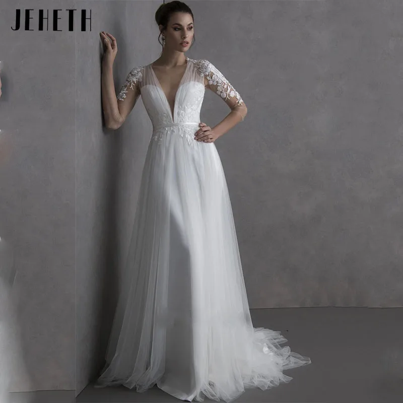 JEHETH-vestido de novia Sexy con escote en V, manga de 3/4 de longitud, tul de línea A, vestidos de novia con apliques