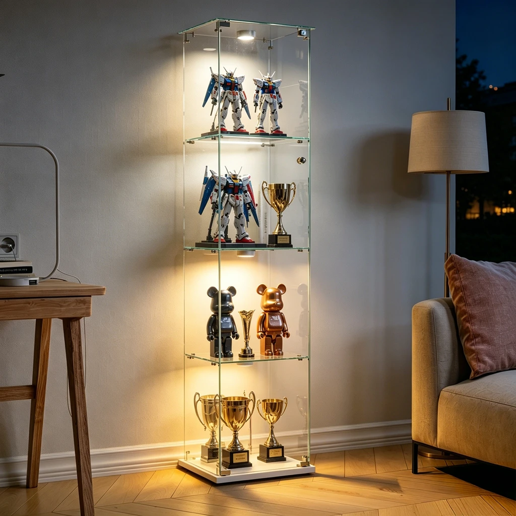 Vitrine en Verre avec LED, armoire de cuisine en verre vitrines armoire d'affichage en verre, armoire de rangement en verre avec serrure, meuble de collection pour salon/chambre