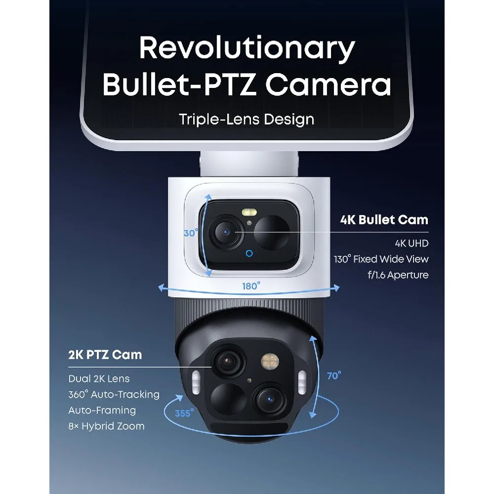 4K Solar Camera Wireless Outdoor Triple Lens Bullet-PTZ Cam 360° View 8X Auto Zoom AI Recognition AI Track Color Night Vision