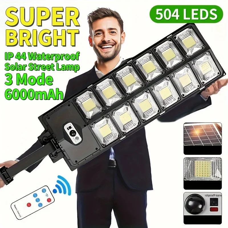 

Ультраяркий солнечный уличный светильник 504LED с широким углом обзора, датчиком движения, пультом дистанционного управления, энергоэффективный, водонепроницаемый IP44, аккумулятор 2400 мАч.