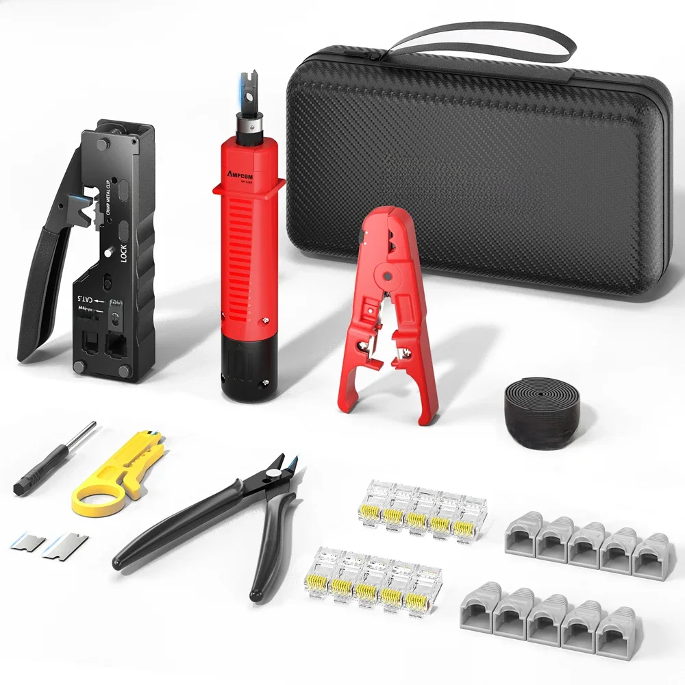 AMPCOM RJ45 Pass Through Crimping Tool Zestaw narzędzi sieciowych do Cat5e Cat6 Cat7 9 w 1 Przenośny zestaw do zaciskania kabli Ethernet RJ45/RJ11 — zdjęcie 2
