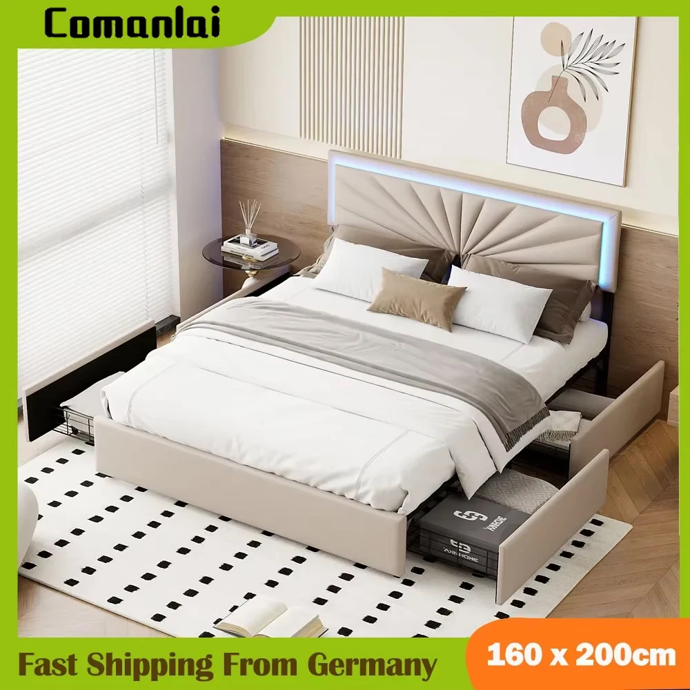 Comanlai Polsterbett mit 4 Schubladen, 160 x 200 cm, Bett mit LED-Beleuchtung, Doppelbett für Erwachsene, Teenager, beige Leinen, ohne Matratze