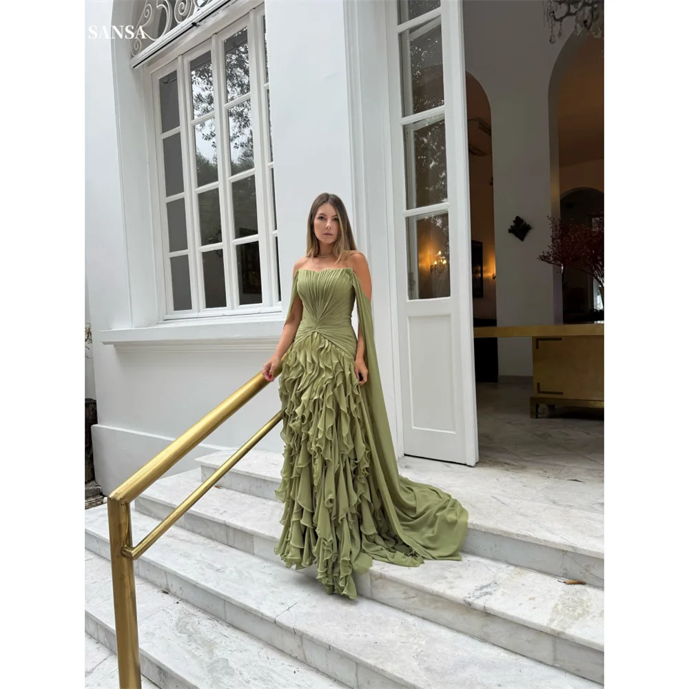

Sansa Customized Green With Shawl A-Line Prom Dress Strapless Cascading Ruffle Vestidos De Noche Floor-Length Formal Gown 2025