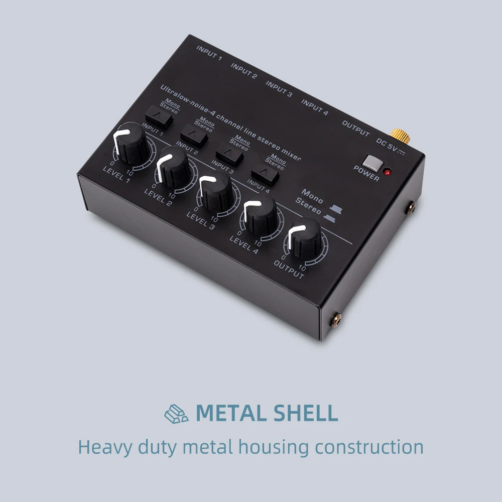 Mini Stereo Mixer MAX400 Ultralow Ruído 4 Canais Misturadores Console DC5V Com Adaptador De Alimentação para Guitarra Elétrica Tambor Piano