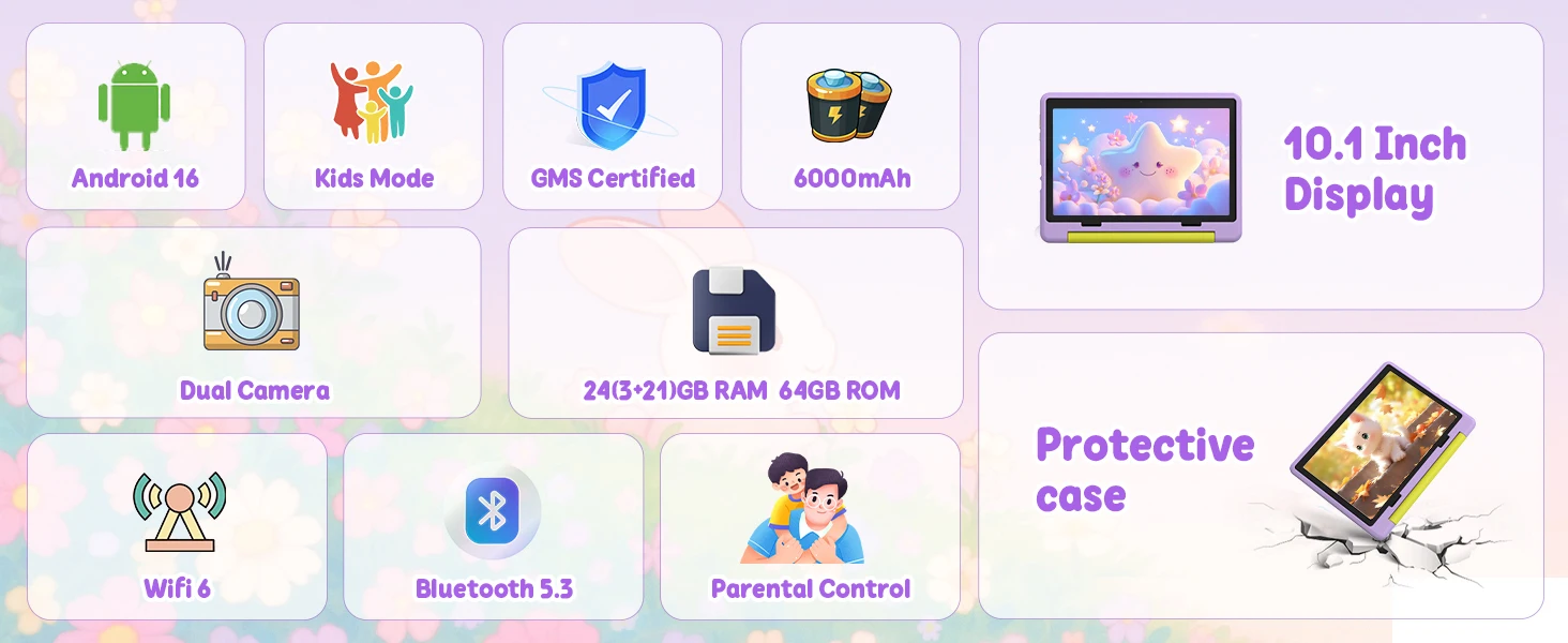 10.1 Inch Kids Tablet 24GB(3+21G) RAM 64GB ROM Android16 GMS Certified A333 Five-Core HD IPS 6000mAh Parental Control With Shockproof Silicone Case Stand Children Learning Tablet PC Purple Blue