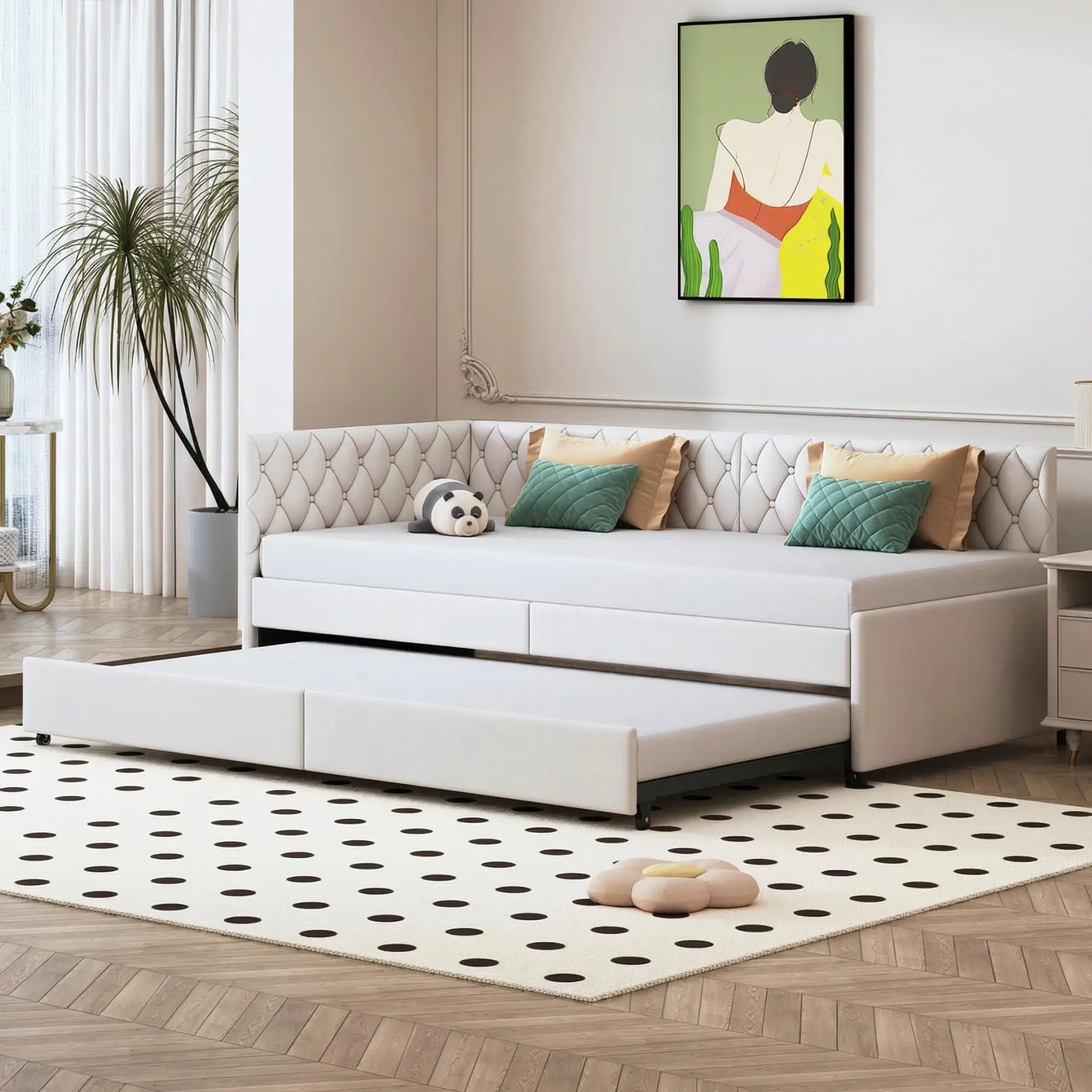 Sofá cama extensible, 90/180 x 200 cm, con estructura de cama extraíble y somier de láminas de madera, cama para invitados, cama juvenil, terciopelo, beige