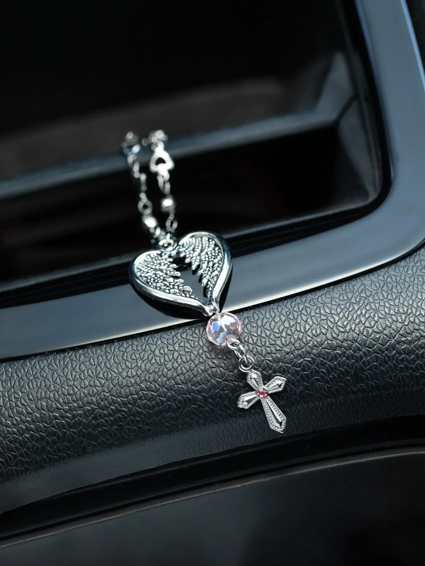 Guardian Heart Wing Cross Charm - Car/Steering Wheel/Handbag Pendant Silver Tone With Pink Crystal Elegant Decor For Auto Interior & Bag Accessory