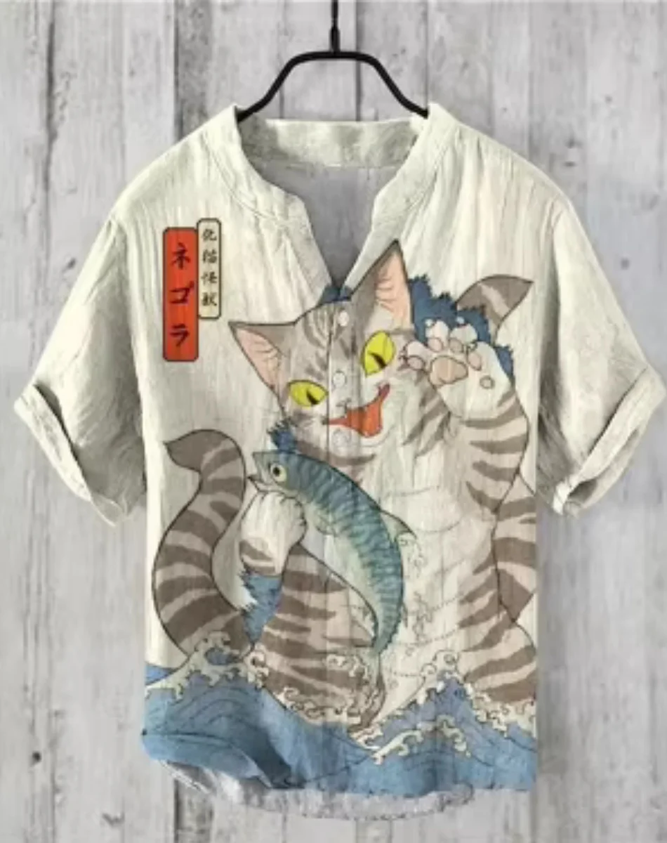 越境直販パーソナライズされたアニメ 3D 印刷カジュアル半袖リネンシャツメンズルーズユース文学シャツ高速