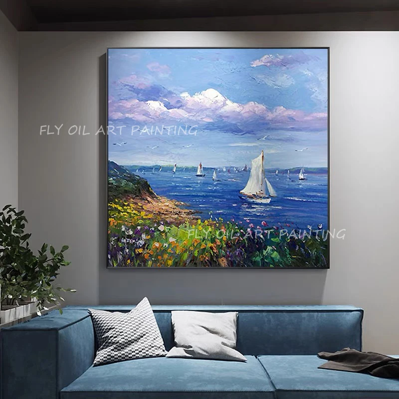 

100% Handmade ocean navy picture seaside with sailboat white could landscape scenery art oil painting for home decoration gift