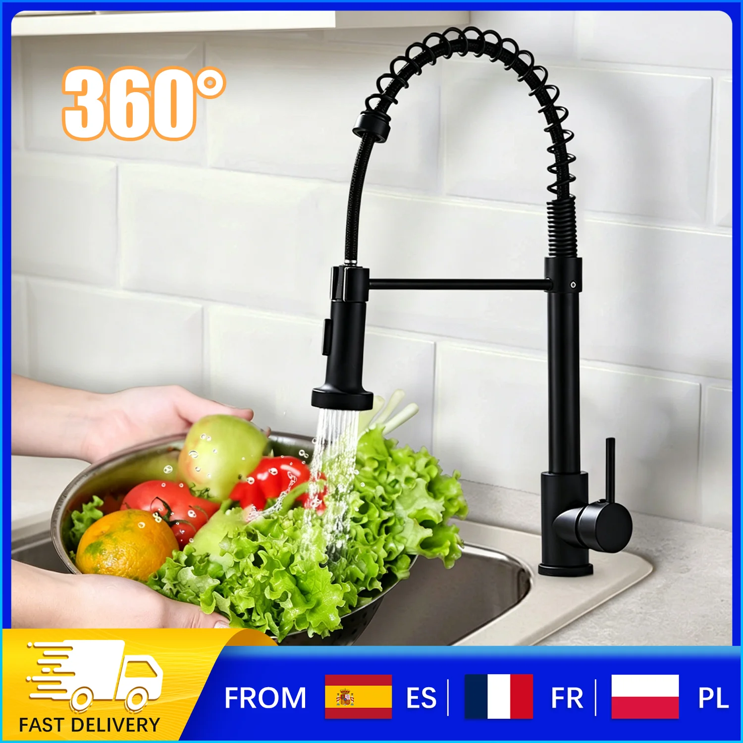 Grifo de Cocina con Rociador Extraíble, 360° °   Grifo Mezclador Monomando con Caño Giratorio y Dos Modos de Rociado, Negro Mate y Níquel Cepillado