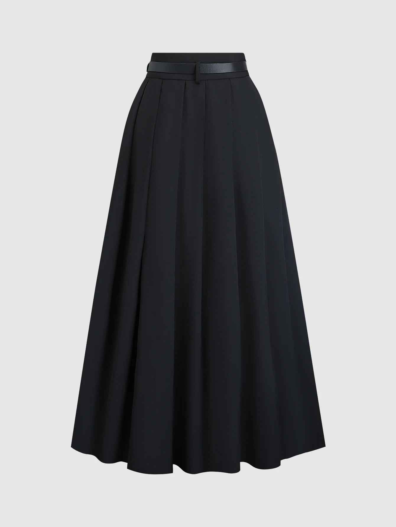 黒のハイウエストプリーツミディスカート（ベルト付き）、黒のウエストシェイプロングプリーツスカート