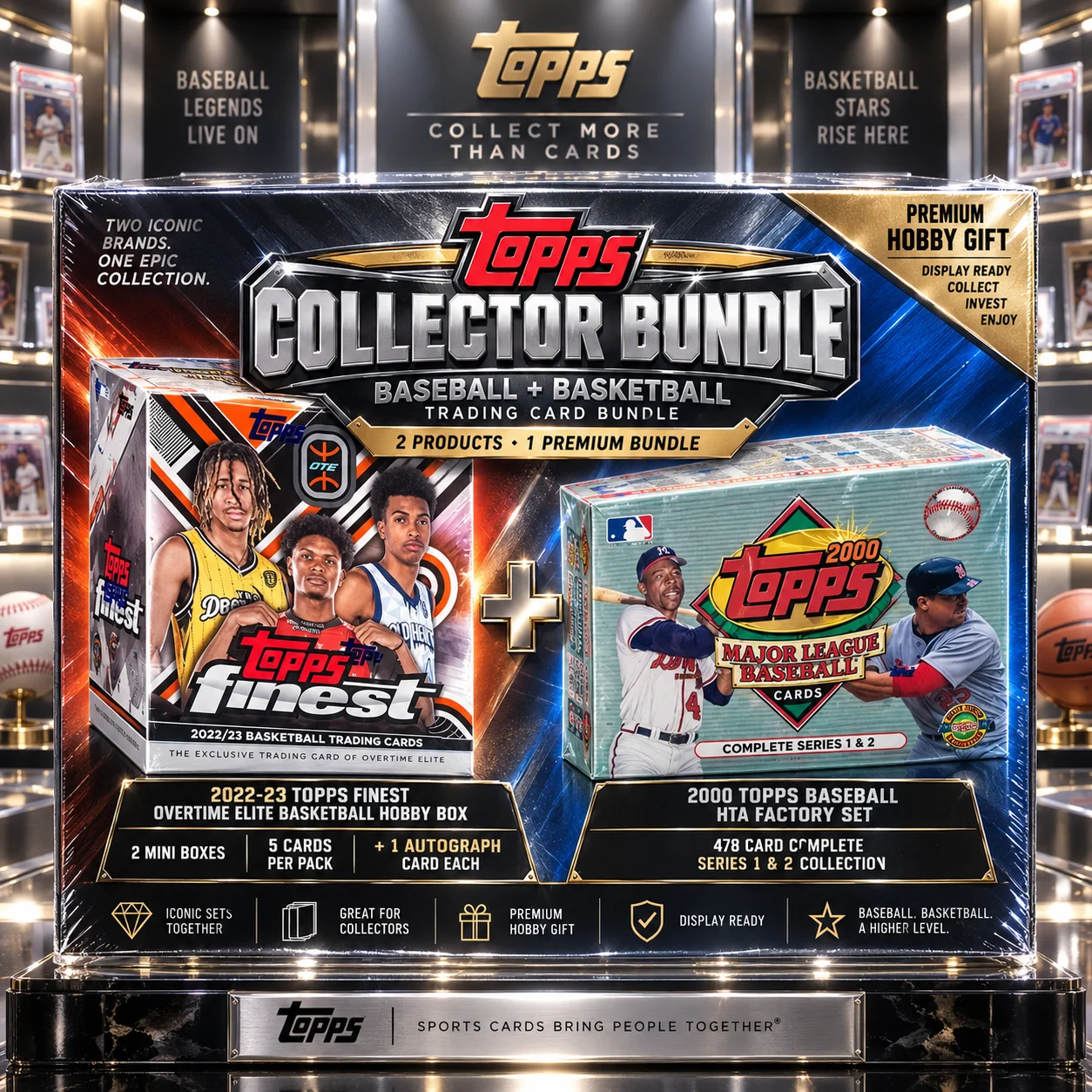 2000 Topps Baseball HTA Factory Set + 2022-23 Topps Finest Overtime Elite Basketball Hobby Box, 538 Cards Total Multi-Sport Trading Card Bundle for Collecting, Display, Hobby Collection & Gift Ideas
